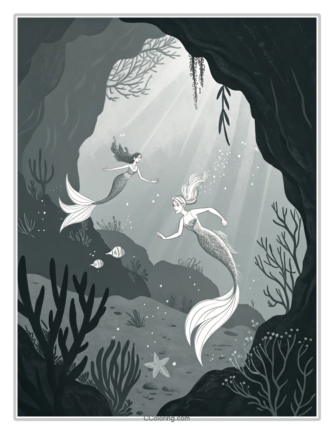 Monochrome Mermaid Scenes with Basic Underwater Caves